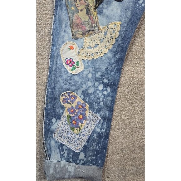 OOAK Magnolia Boho Reworked Levi Jeans Upcycle Boyfriend Indie Cat Adjusts 26-32 - Picture 10 of 16